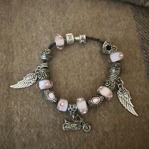 Vintage look Silver and Pink Charm Bracelet with Angel Wings and motorcycle
